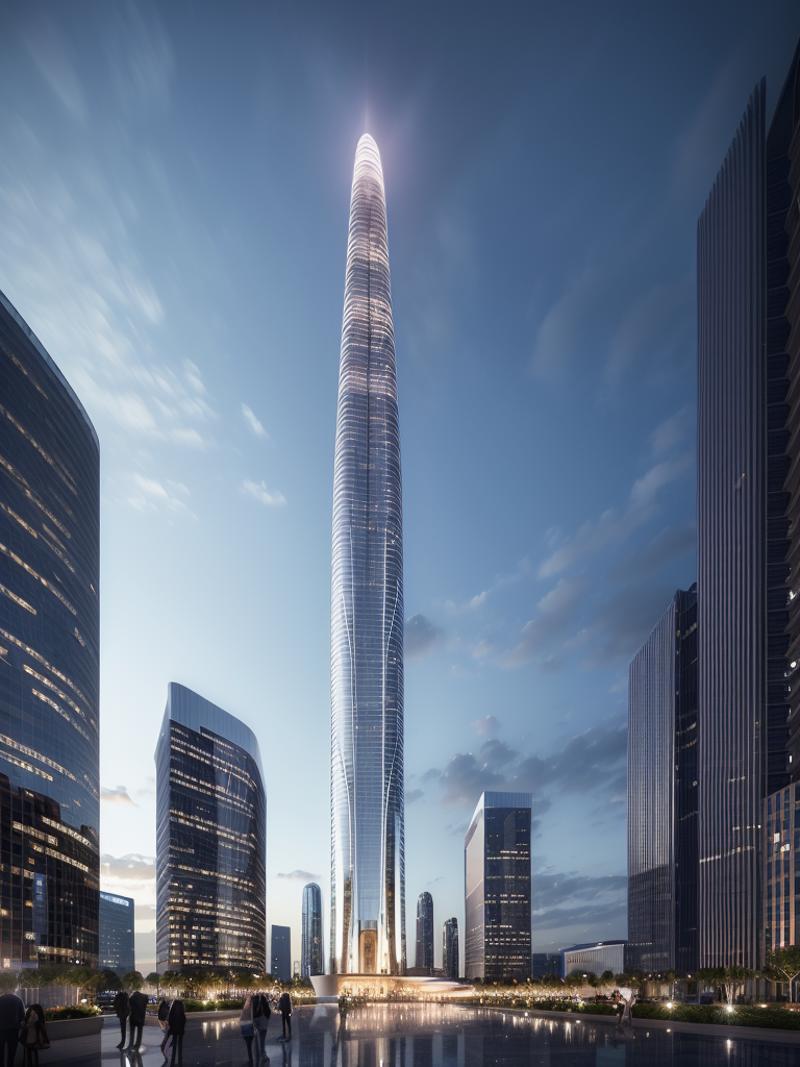 00194-2370460196-talou01，a group of people standing in front of a tall building at night with a sky background and a light shining on the buildin.png